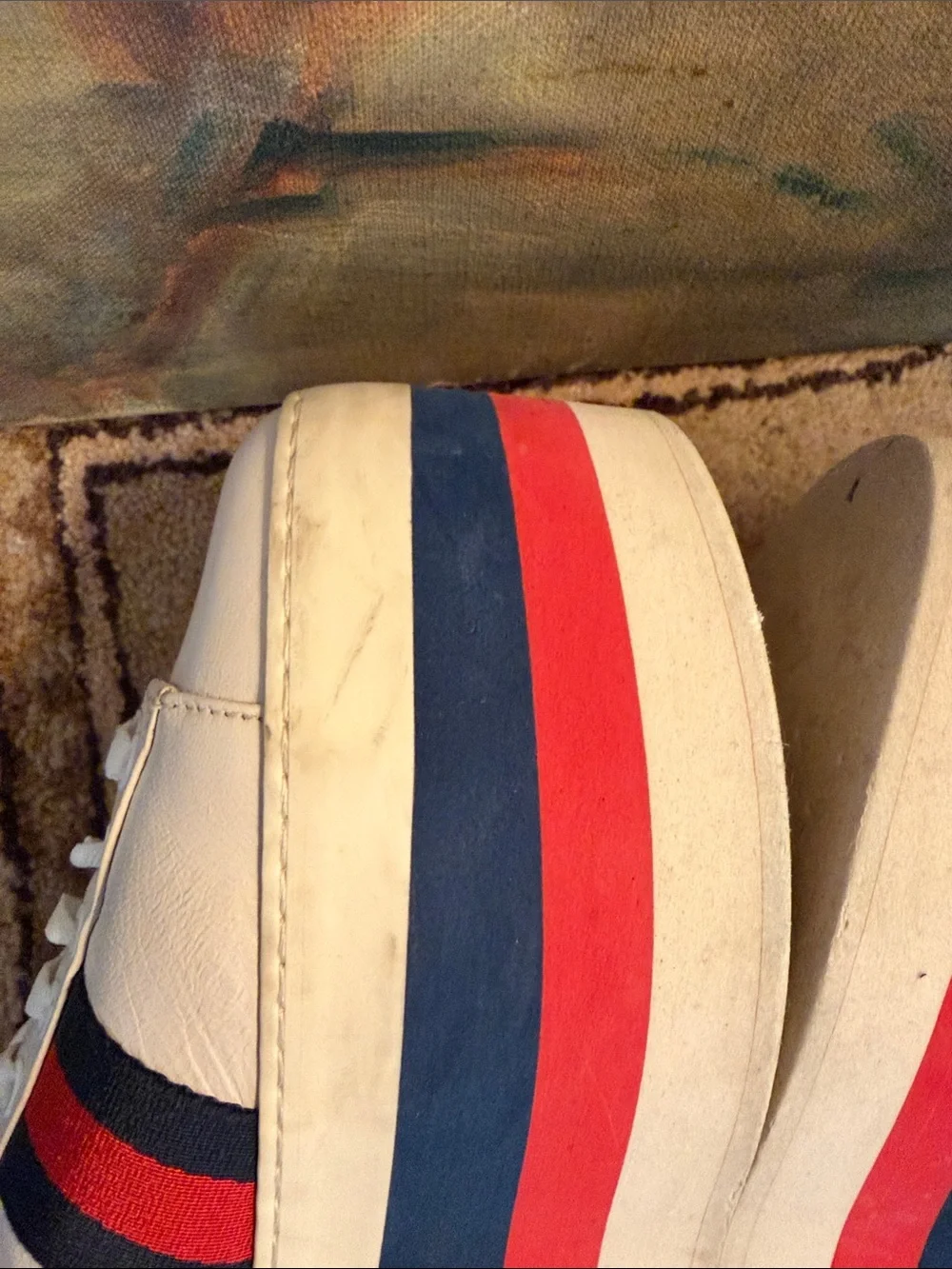 Gucci DAMAGED White Platform Sneakers with Red and Blue Stripe Accents - SZ 38